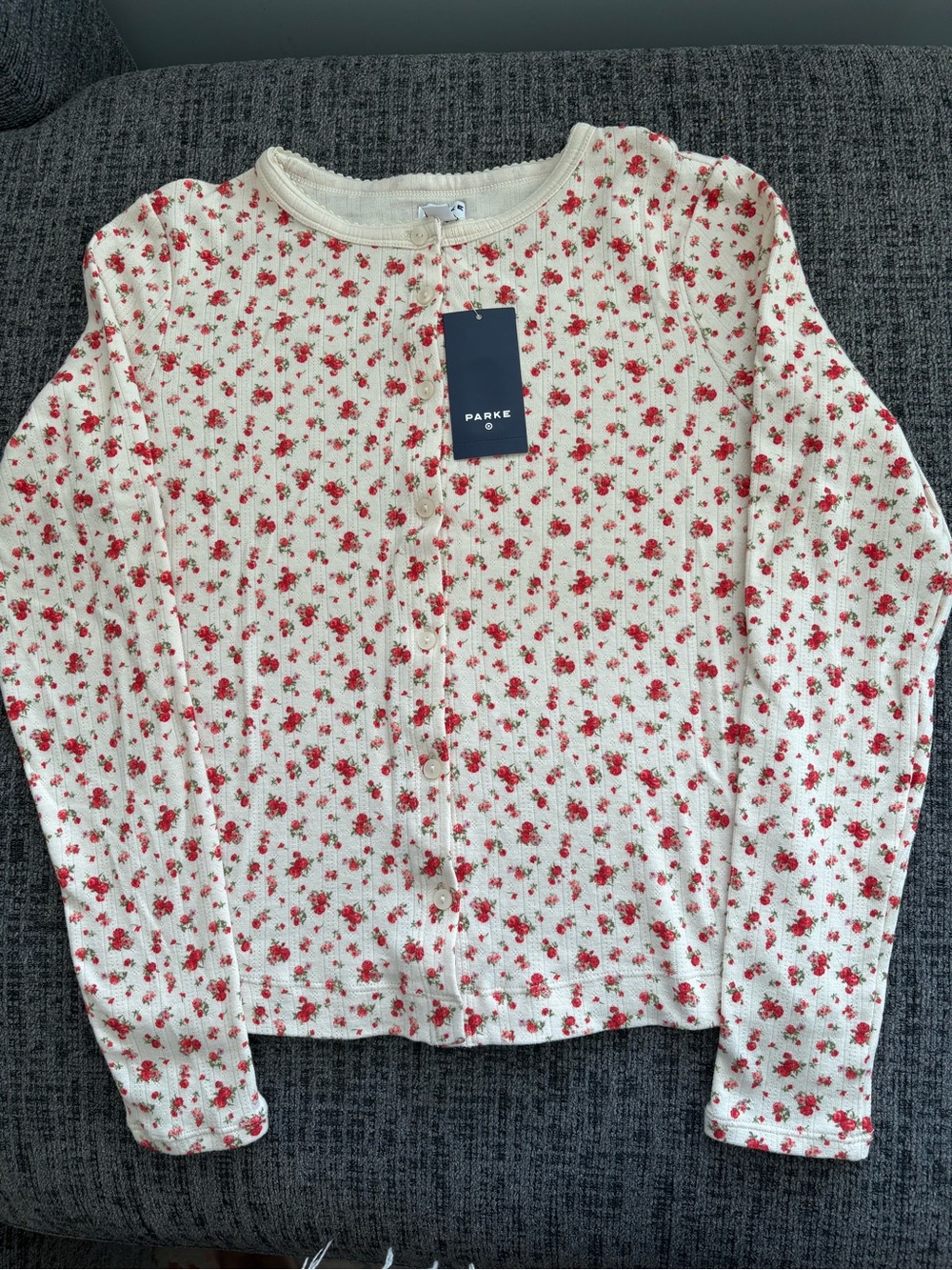 Parke for Target White Floral Long-Sleeve Ribbed Top w Red Rose Print NWT Sz XS